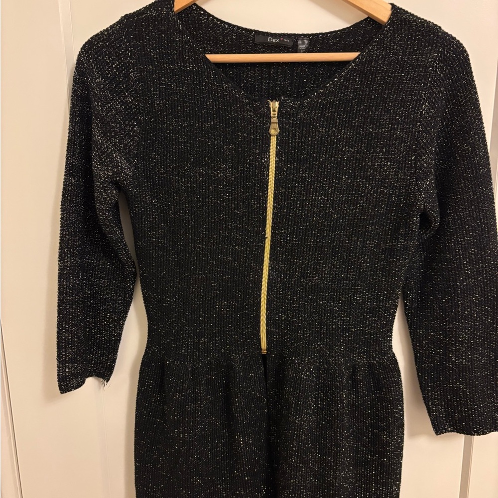 Dex Black with Gold Fleck Peplum Sweater with Gold Zipper